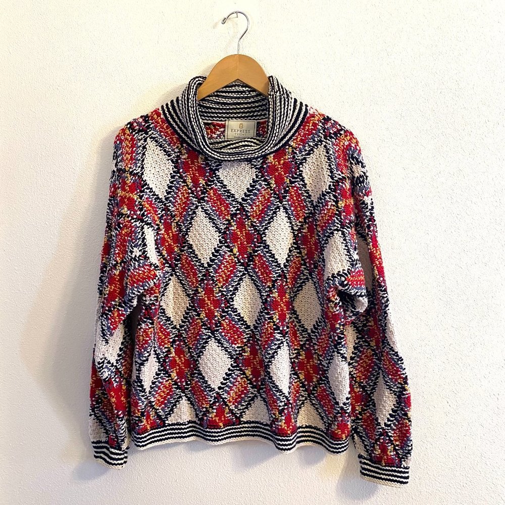 Vintage 90s Express Tricot Red, White, and Black Argyle Chunky Knit Sweater Med